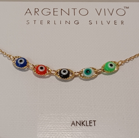 ARGENTO VIVO STERLING SILVER GOLD PLATED EVIL EYE PROTECTION COLOR BEADS ANKLET - Picture 6 of 14